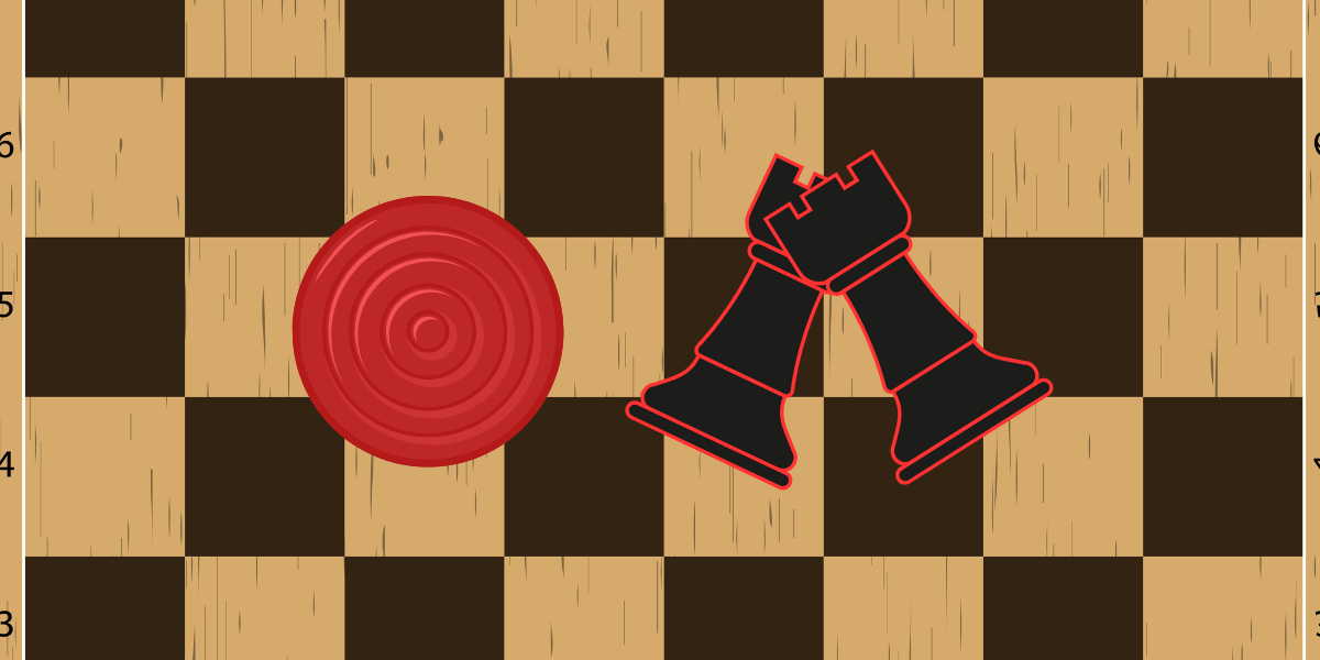 checker and chess pieces on chess board